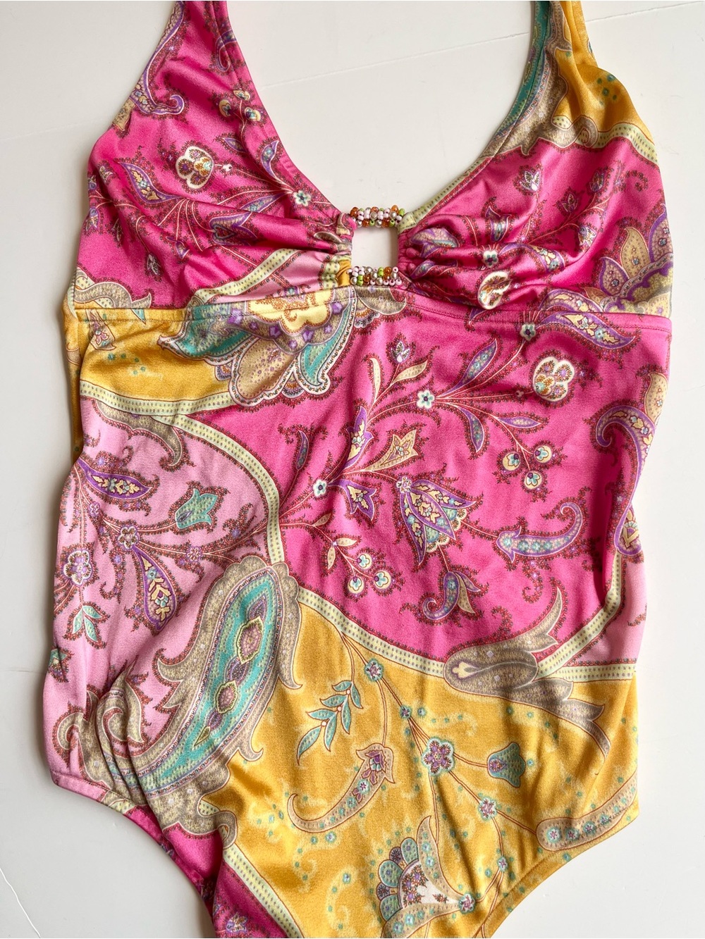 Trina Turk Paisley One Piece V- Neckline Halter Plunge Swimsuit - Picture 3 of 8